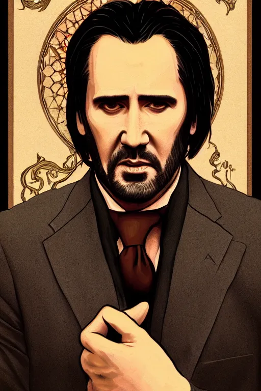 Image similar to a dramatic ethereal epic painting of nicolas cage as john wick | tarot card, art deco, art nouveau, realistic | deatiled face, dramatic lighting | by Dresden Codak, by Mark Maggiori and Alphonse Mucha | trending on artstation