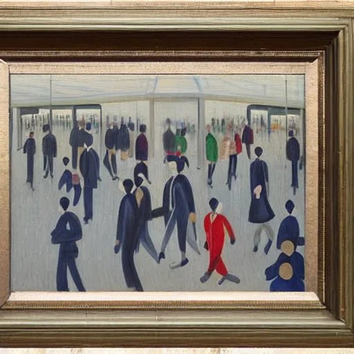 Prompt: painting of commuters heading to the central business district of singapore, painted by laurence stephen lowry, oil on canvas, national gallery