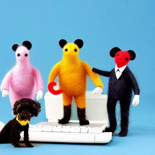 Prompt: a happy accounting firm staffed by different types of hyper-realistic felted toy mice, with a xerox machine, computers, kitchenette and conferenceroom, with a small black woolly terrier dog as the manager, colourful, playful, miniature