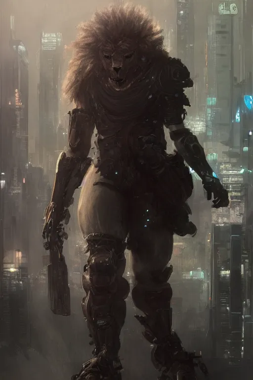 Image similar to portrait male anthro lion character full body precis no blur, concept art, character sheet, nier automata, gaston bussiere, greg rutkowski, tsutomu nihei, cyberpunk, trending on artstation, featured on pixiv, hyper detail, cinematic composition, 8 k