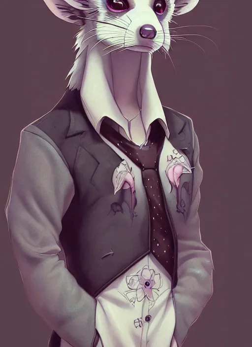 Image similar to character portrait of a male anthro opossum fursona with a tail and a cute beautiful attractive detailed furry face wearing a dress shirt and slacks outside a city tattoo parlor. Character design by charlie bowater, ross tran, artgerm, and makoto shinkai, detailed, inked, western comic book art