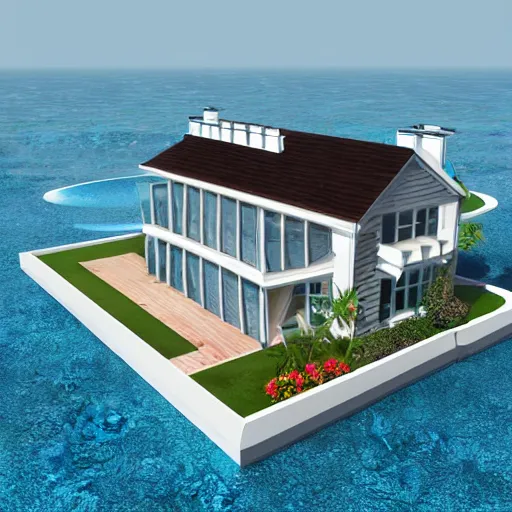 Image similar to a suburban house in the middle of the ocean, dramatic 3 d art, dynamic lighting