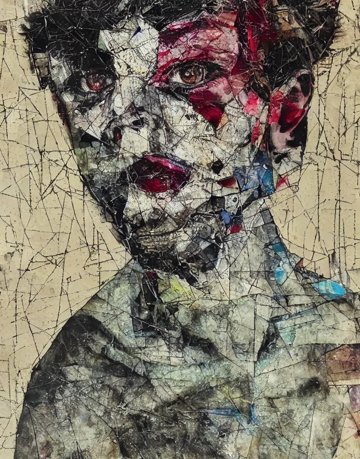 Prompt: double coloured depressed boy in law cutted by razor detailed analogue mixed media collage with canvas texture in style of contemporary art, punk art, hyperrealistic beautiful face, photorealistic, expressionism, masterpiece, perfect composition, spectacular quality torn paper, intricate oil details, broken glass