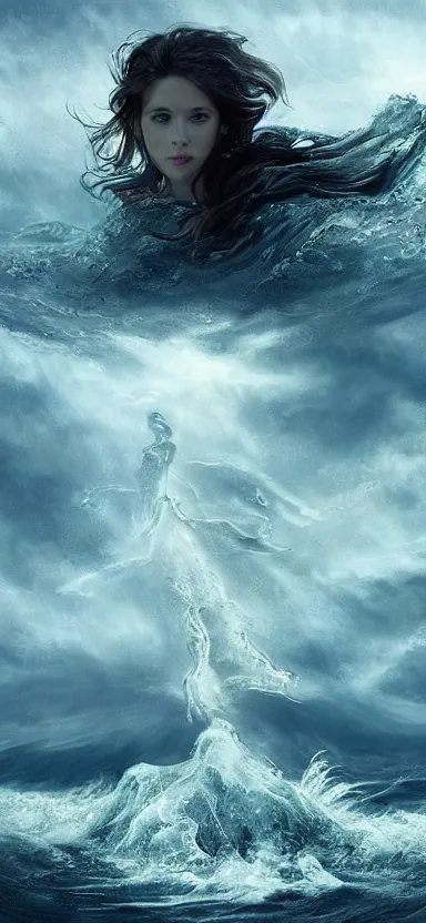 Image similar to creature made of water, made of liquid, rising up from ocean, water armor, high detail, high contrast, medium close up portrait, studio lighting, stormy seas, beautiful, bokeh, snowy, storm clouds, god rays, d & d, fantasy, elegant, aquamarine color palette, concept art, roger deakins and greg rutkowski and alphonse mucha