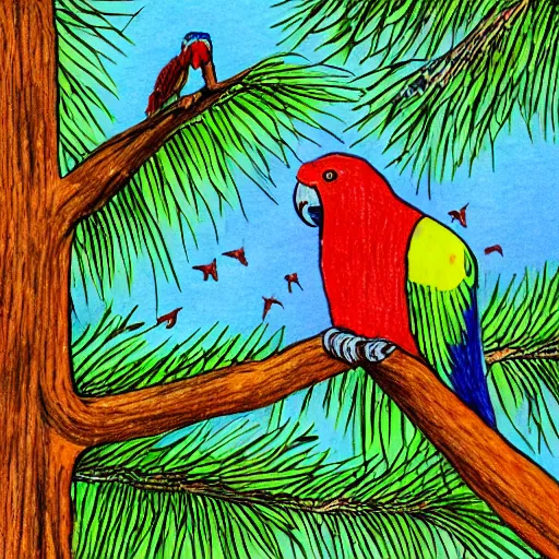 Prompt: a drawing of a parrot sitting on a tree branch in a pine forest, watching over a field of grass where there are cows playing spin the bottle.