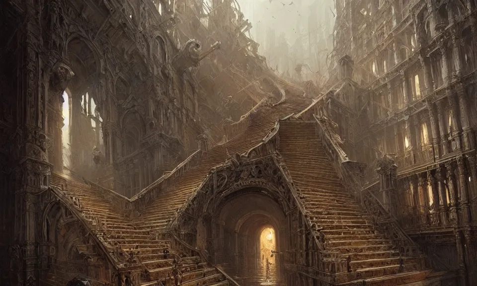 Image similar to stairs from hell to heaven, intricate detail, intricate, epic, vast, digital painting by greg rutkowski, artstation, very detailed, cinematic lighting, concept art