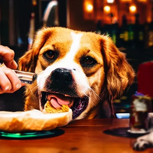 Image similar to dog eating a sandwich in a bar on an alien planet, cyberpunk