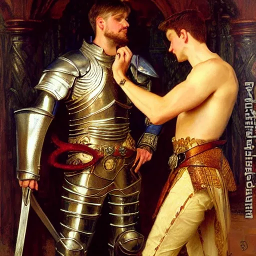 Image similar to attractive fully clothed arthur pendragon confesses his love for his attractive fully clothed male knight. highly detailed painting by gaston bussiere and j. c. leyendecker 8 k