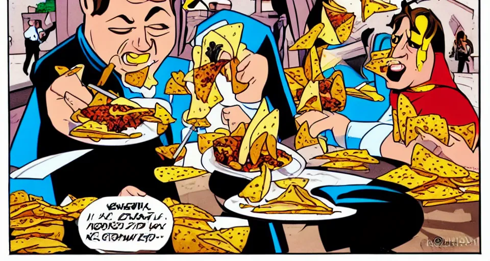 Image similar to a comic book illustration of a priest eating nachos by Bruce Timm