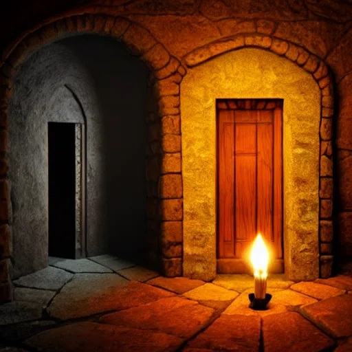 Prompt: secret door hidden very well in a dungeon wall lit with torches, d & d, photo