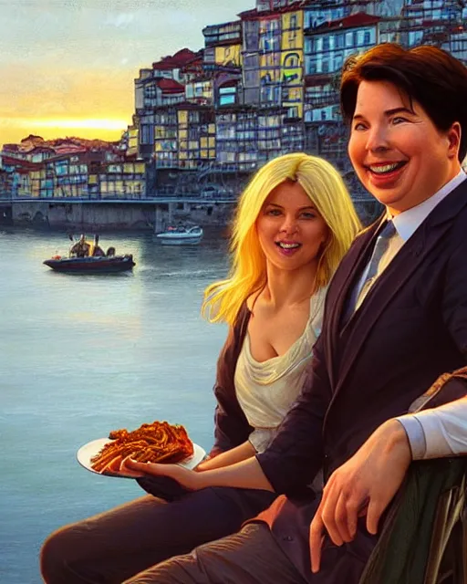 Image similar to Portrait of Michael Mcintyre & a blonde lady eating lasagna on waterfront in Porto, sunset, real life skin, intricate, elegant, highly detailed, artstation, concept art, smooth, sharp focus, art by artgerm and greg rutkowski and alphonse mucha