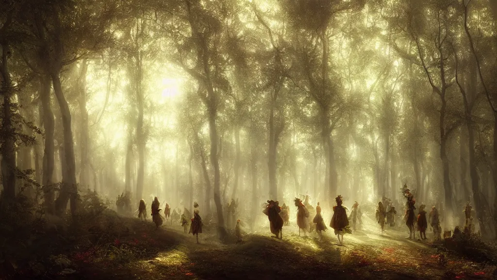 Image similar to procession of elves in the magical forest. andreas achenbach, artgerm, mikko lagerstedt, zack snyder, tokujin yoshioka, impressionist