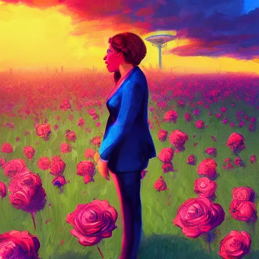 Image similar to closeup, big rose flower head, frontal, girl in a suit, surreal photography, sunrise, blue sky, dramatic light, impressionist painting, digital painting, artstation, simon stalenhag