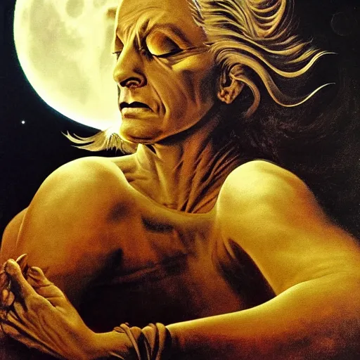 Image similar to sleep of wise old beautiful woman face Desert Spirit, under unresolved evil moon illusion, in the style of Frank Frazetta, Jeff Easley, Caravaggio, extremely clear and coherent, clear lines, 8K resolution, epic masterpiece, detailed, intricate