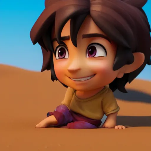 Prompt: profile view of young aladdin as nendoroid walking in a desert in the croods movie style, anime, disney, pixar, 8 k, hd, dof, kodak film, volumetric lighting, subsurface scattering, photorealistic, octane render, details