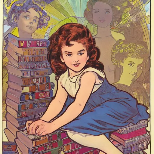 Image similar to a cute little girl with a mischievous face and short brown wavy curly hair sitting on top of a tall pile of books. well composed, clean elegant painting, beautiful detailed face. comic book art by steve ditko and jack kirby and ( alphonse mucha )