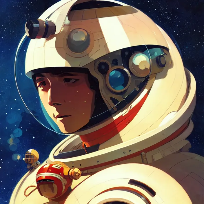 Image similar to space ship pilot in the style of studio ghibli, j. c. leyendecker, greg rutkowski, artem