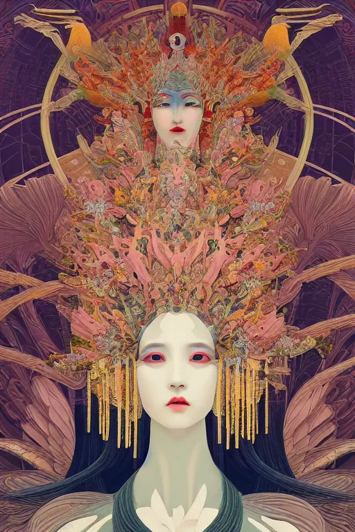 Image similar to portrait breathtaking detailed concept art painting art deco pattern of birds goddesses amalmation flowers head thibetan temple, by hsiao ron cheng, tetsuya ichida, bizarre compositions, tsutomu nihei, exquisite detail, extremely moody lighting, 8 k, art nouveau, old chines painting, art nouveau