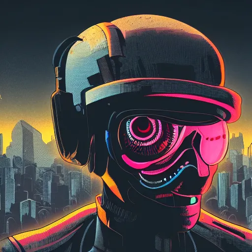 Prompt: in the style of max prentis and deathburger and laurie greasley a close up of a young explorer wearing a cyberpunk headpiece sitting on the head of a giant robot watching the sunset in the distance, highly detailed, 8k wallpaper