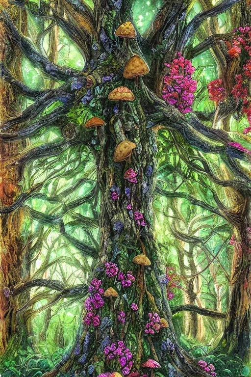 Image similar to digital painting detailed forest tree magical forest flowers mushrooms painted by Wayne Reynolds