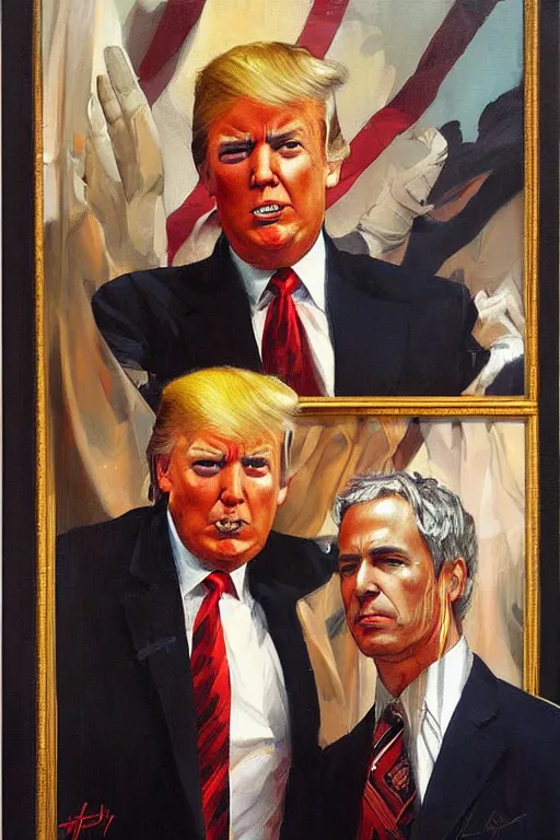 Image similar to donald trump and jeffrey epstein, painting by jc leyendecker!! phil hale!, angular, brush strokes, painterly, vintage, crisp