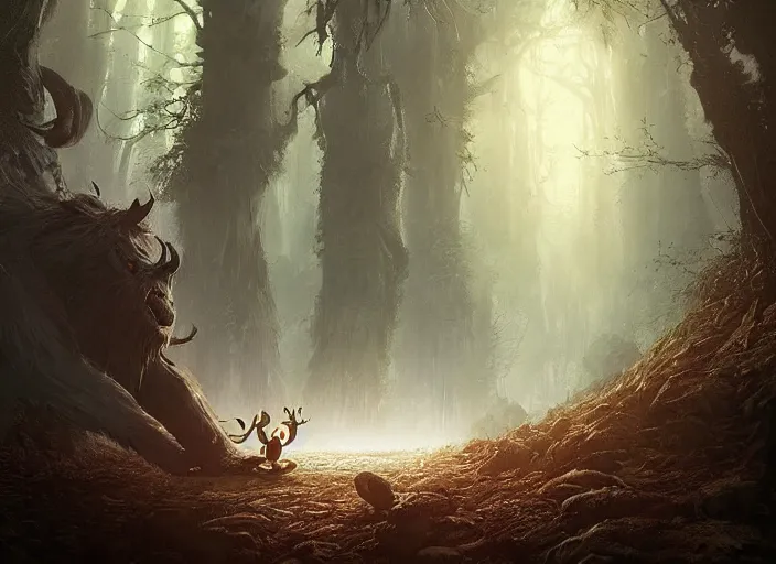 Image similar to digital art of monster and the beast in the magical forest by greg rutkowski 8k