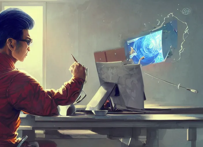 Image similar to an insanely detailed painting of an asian man wearing a homemade superhero costume, sitting at a desk, staring seriously at the computer and typing, in the style of peter mohrbacher, james jean, artgerm, dramatic lighting and composition, surreal background, octane render, pixar, trending on artstation, concept art, comic book, view from behind, 8 k