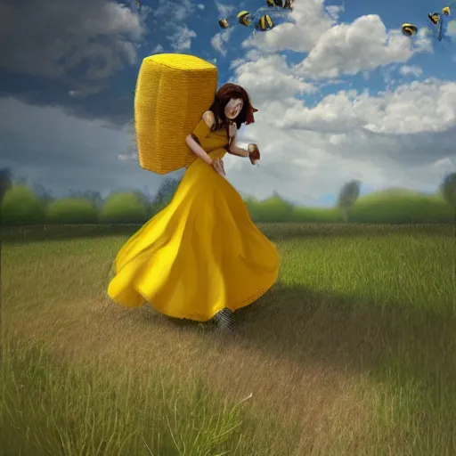 Image similar to a girl in a yellow dress riding a giant bee in the field, trending on artstation