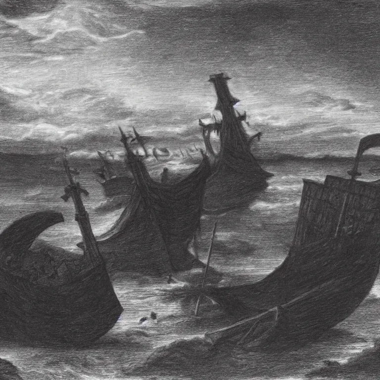 Image similar to the ship of theseus wrecked upon the night's plutonian shore, charcoal masterpiece by Edgar Allan Poe