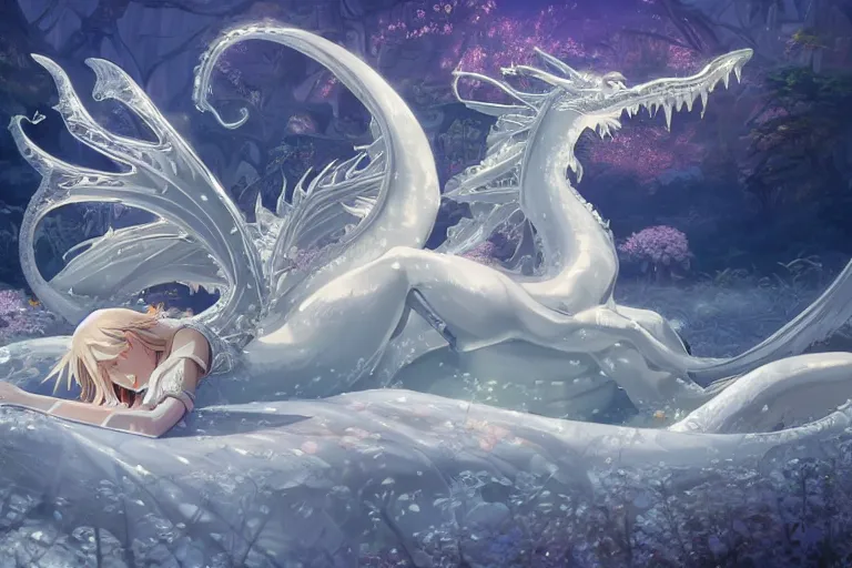 Image similar to a hyper detailed big render that beautiful princess lie on the ground be surrounded in the white clouds fairyland center by a huge silver white dragon, finely detailed angelic face, style of studio ghibli, makoto shinkai, xision, ilya kuvshinov and artgerm, kazuki tanahashi, james jean, animation style, golden curve composition, telephoto lens