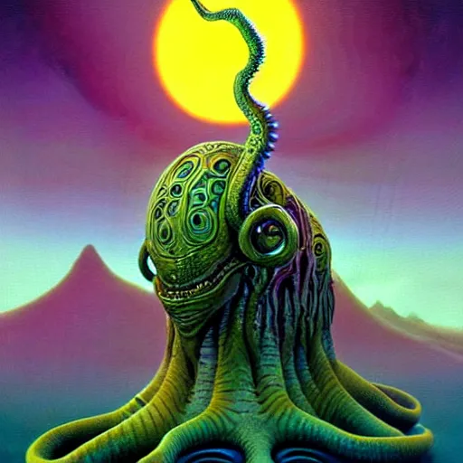 Image similar to highly detailed fantasy art of an alien cephalopod creature in a surreal landscape filled with mountains and mist, diffuse lighting by roger dean, kilian eng, mœbius