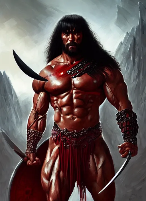 Image similar to portrait of aggresive conan the barbarian, d & d, muscular! athetic slim bodybuilder, red and black, futuristic, fantasy, intricate, elegant, highly detailed, digital painting, artstation, concept art, smooth, sharp focus, illustration, art by artgerm and greg rutkowski and alphonse mucha