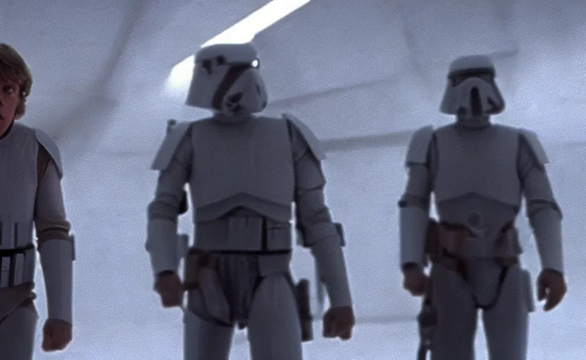 Image similar to screenshot of the epic scene featuring Luke Skywalker in grey body armor, iconic scene from 1980s film by Stanley Kubrick, 4k, cinematic still frame, surreal sci fi architecture, portrait photoreal, detailed face, moody lighting, stunning cinematography, hyper detailed, sharp, anamorphic lenses, kodak color film stock