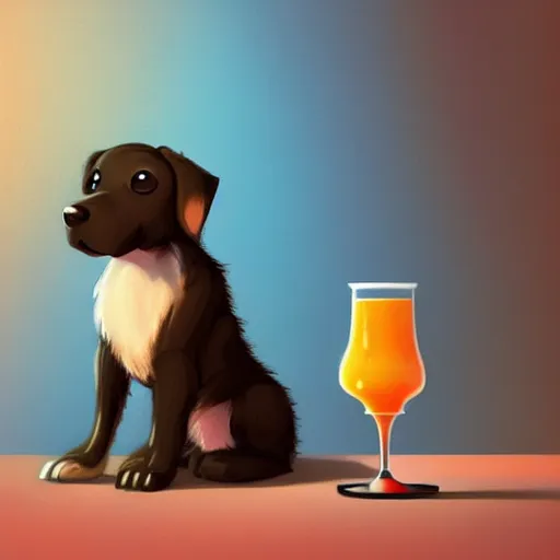 Image similar to cute puppy drinking juice, masterpiece, colorful ambient lighting, smooth shading, 8k, cinematic lighting, highly detailed, digital painting, artstation, smooth, sharp focus, illustration, digital illustration, by Pixar