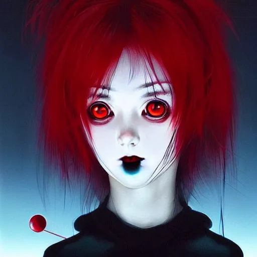 Prompt: beautiful! beautiful! aesthetically pleasing! portrait of an anime goth clowngirl with red eyes and black lips, painted by ilya kuvshinov!!! and zdzislaw beksinski