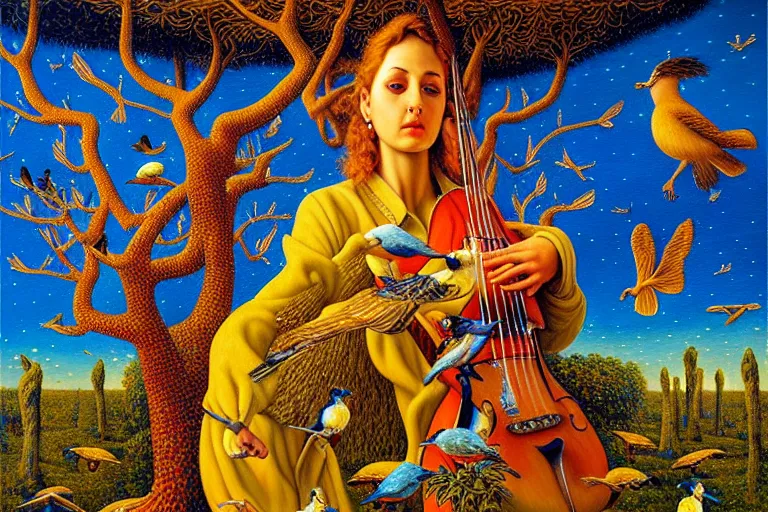 Image similar to oil painting, female playing the harph while birds are listening on the tree surreal, ultra realistic, wide angle, intricate details, artifacts, luminous skies, highly detailed, michael cheval, cinematic lighting