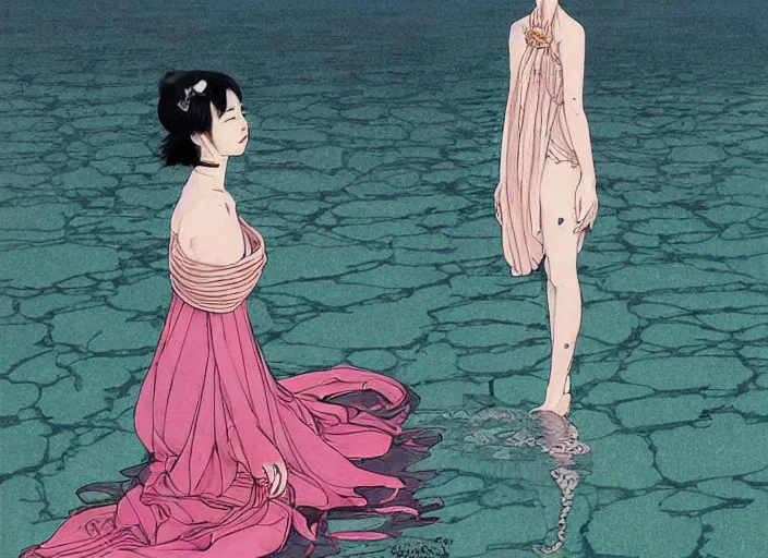 Prompt: lee jin - eun in luxurious dress emerging from pink and turquoise water in renaissance city during an eclipse by takato yamamoto, nicola samuri, conrad roset, m. k. kaluta, martine johanna, rule of thirds, elegant look, beautiful, chic, face anatomy, cute complexion