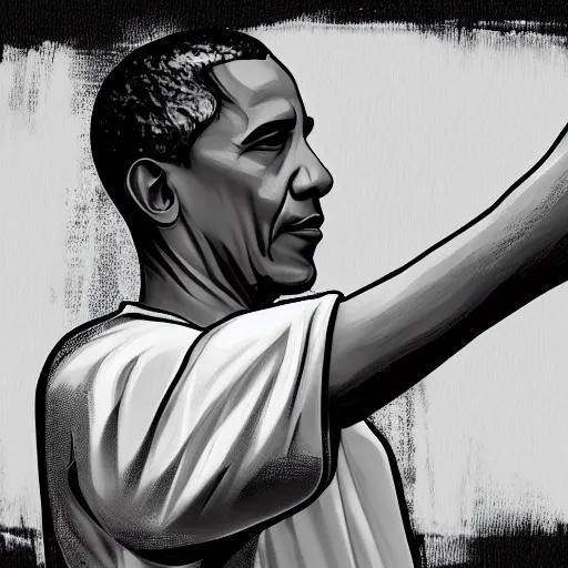 Image similar to Obama holding a basketball in his right hand in a black background, detail, 8k, digital painting, official media, illustration