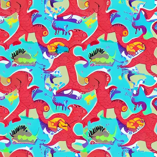 Image similar to a colourful dinosaur pattern in the style of murakami