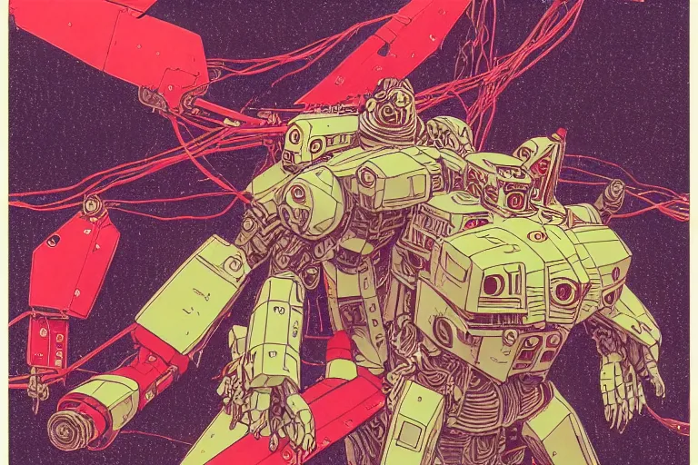 Image similar to risograph grainy drawing vintage sci - fi, satoshi kon color palette, gigantic gundam full - body covered with human bodies and wires, with lot tentacles, vermilion color, codex seraphinianus painting by moebius and satoshi kon and dirk dzimirsky close - up portrait