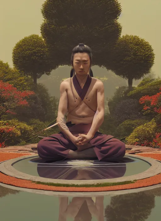 Prompt: samurai meditating by a serene reflection pool, feudal japan, intense, vivid complementary colors, beautiful linework, octane render, professional concept art by jonathan hickman, miyamoto mushashi, ghibli, alphonse mucha, reads, ross tran, rutkowski, grenier, octane render, marvel, dc, dnd, detailed