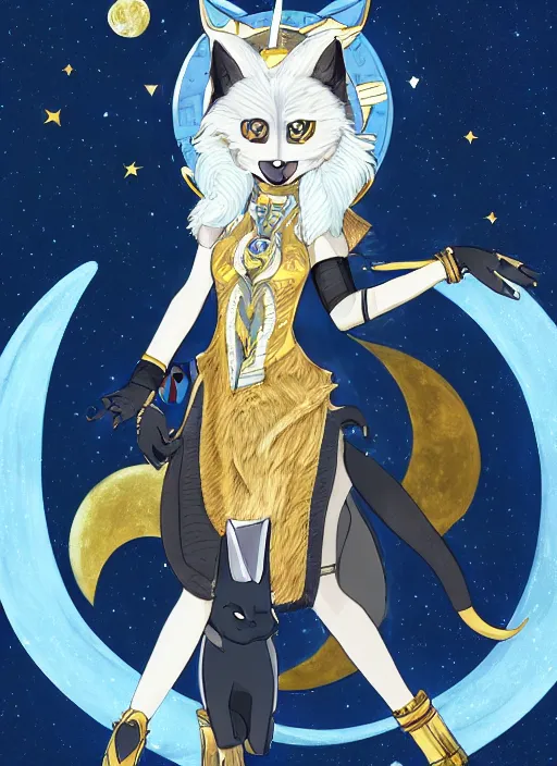 Image similar to commissioned full body portrait of a female anthro wolf princess fursona with a furry wolf head and white hair wearing a blue and gold Japanese armored dress in a white and gold palace on a starry night with a large crescent moon, by a professional manga illustrator, by Kilian Eng, by Sandra Chevrier, trending on artstation