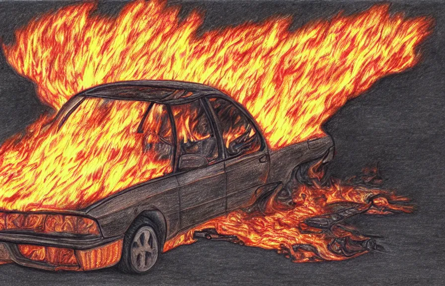 Prompt: car on fire, primitive colored pencil drawing