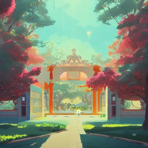 Image similar to a beautiful picture of the entrance of an high school, art by masaaki yuasa, and greg rutkowski, trending on artstation