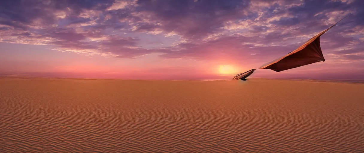 Image similar to an ornithopter on dune, sand worms in the background, light orange sunset, volumetric light, hdr, 8 k, bokeh designed by moebius kow yokoyama