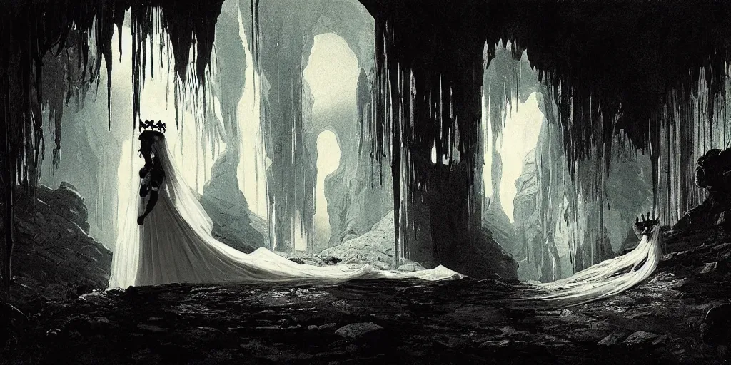 Image similar to a dead girl dressed as a bride lying in a dark cave bridal crown. radiant light, detailed and intricate environment, digital art, trending on art station kvlt by peder balke by peder balke by greg rutkowski, by guido crepax by norman bluhm by greg rutkowski mystic high contrast monochromatic noir