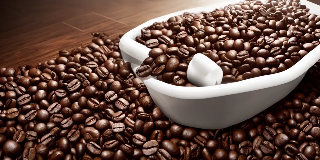 Image similar to Bathtub full of coffee beans, unreal 5, hyperrealistic, realistic, photorealistic, dynamic lighting, highly detailed, cinematic landscape, studio landscape, studio lighting