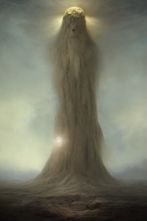 Prompt: tall humanoid mythical monster looming over a tiny human in an epic landscape, ethereal fantasy, blooodborne, artstation, agostino arrivabene, james gurney