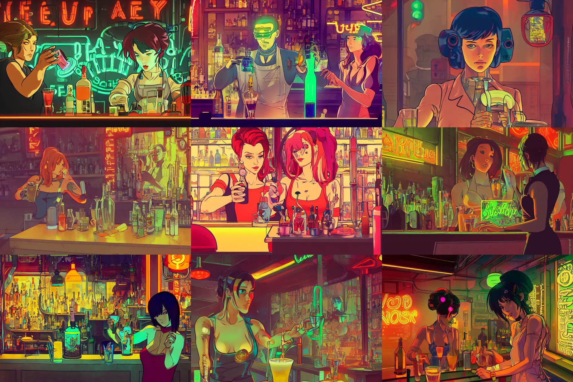 Prompt: cyborg bartender mixing a drink in a seedy neon - lit bar, finely illustrated face, highly detailed, colored pencil, studio ghibli, anime screenshot, in the style of ilya kuvshinov and alphonse mucha