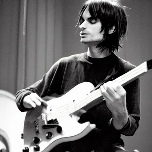 Image similar to Jonny Greenwood playing a guitar in a black and white photo, a black and white photo by David Gilmour Blythe, featured on tumblr, toyism, groovy, psychedelic, ilya kuvshinov